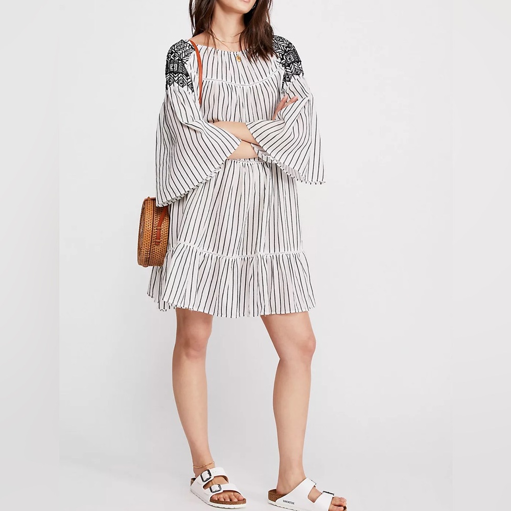 Free People | Lola Embroidered Mini Dress -Black/White Striped -100% Cotton Boho